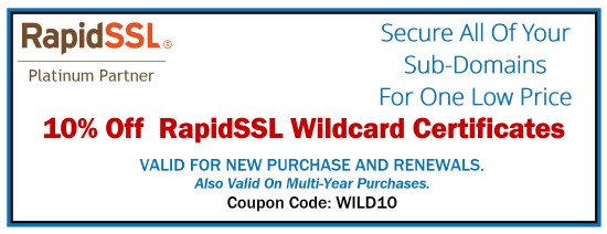 10% 
Off RapidSSL Wildcard SSL Certificate - Coupon Code is Valid till 4/30/2024 - PROMO CODE: WILD10