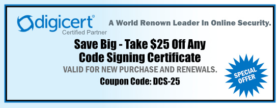 $25 Off Any Digicert Code Signing Certificate - Coupon Code is Valid till 5/31/2024 - PROMO CODE: DCS-25