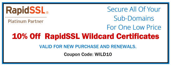 10% 
Off RapidSSL Wildcard SSL Certificate - Coupon Code is Valid till 3/31/2024 - PROMO CODE: WILD10