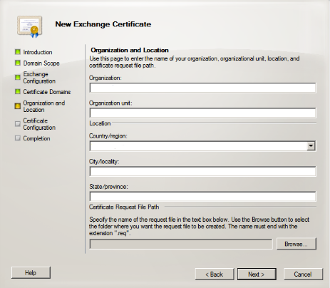 Microsoft Exchange 2010 CSR Creation Step 2