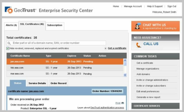 GeoTrust Enterprise Security Center Console